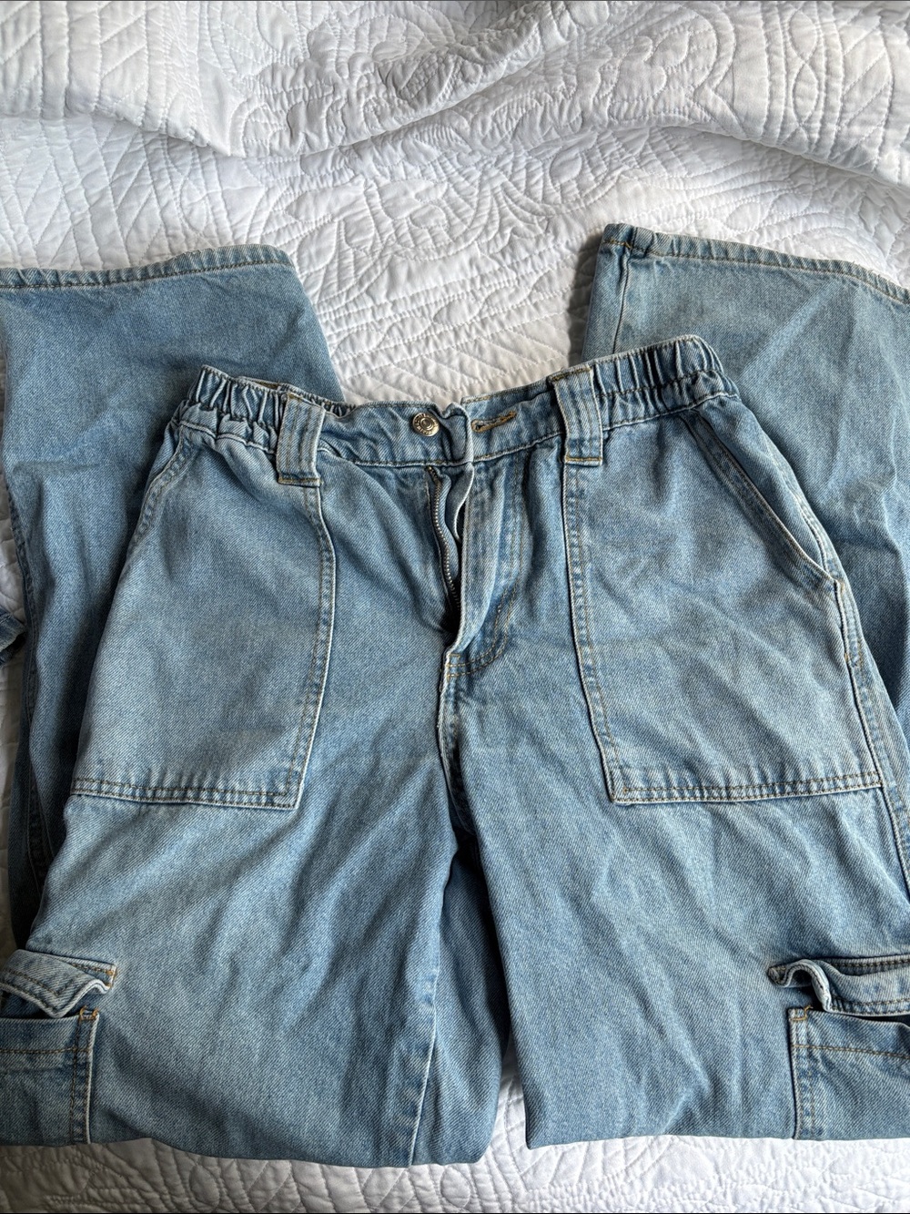 Forever 21 Light Blue Denim Cargo Pants with Elastic Waist